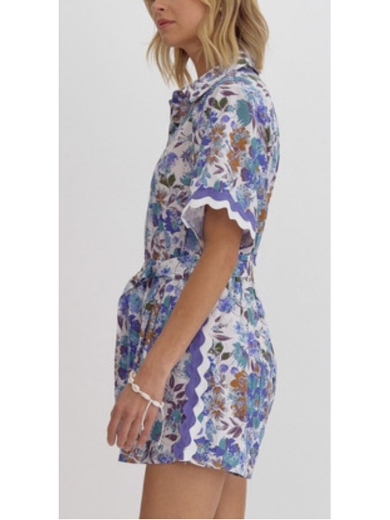 entro Pants - Floral Printed Short Romper in Blue & Purple Size L NEW